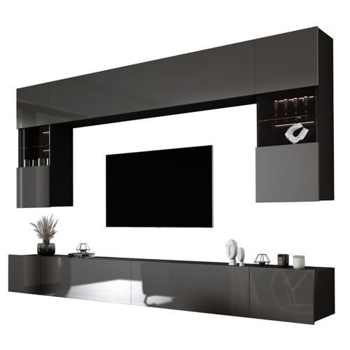 Elément Mural : 10 Portes, Noir Mat / Gris Brillant, L: 300 Cm, H: Réglable, P: 42 Cm