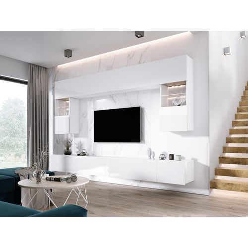 Elément Mural : 10 Portes, Blanc Mat / Blanc Brillant, L: 300 Cm, H: Réglable, P: 42 Cm