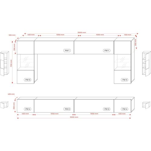 Elément Mural : 10 Portes, Blanc Mat / Blanc Brillant, L: 300 Cm, H: Réglable, P: 42 Cm