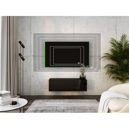 Meuble TV Suspendu, 100 X 34 X 32 Cm, Noir Mat / Noir Brillant
