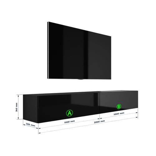 Meuble TV Suspendu, (2 X 100) X 34 X 32 Cm, Noir Mat / Noir Brillant