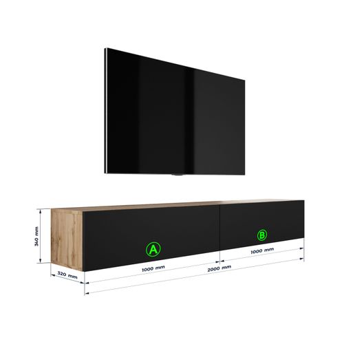 Meuble TV Suspendu, (2 X 100) X 34 X 32 Cm, Chêne Wotan / Noir Mat