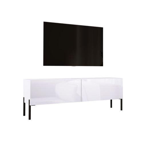 Meuble TV : Blanc Mat / Blanc Brillant Avec Pieds Noir, 140 X 52 X 32 Cm