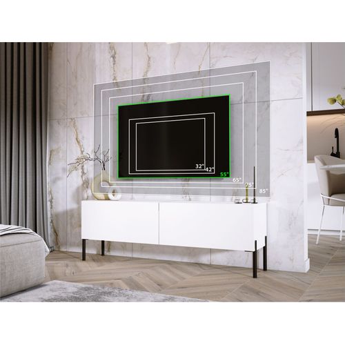 Meuble TV : Blanc Mat / Blanc Brillant Avec Pieds Noir, 140 X 52 X 32 Cm