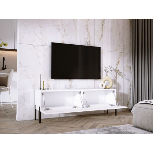 Meuble TV : Blanc Mat, Pieds Noir, 140 X 52 X 32 Cm