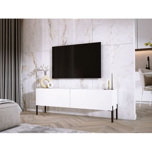 Meuble TV : Blanc Mat, Pieds Noir, 140 X 52 X 32 Cm