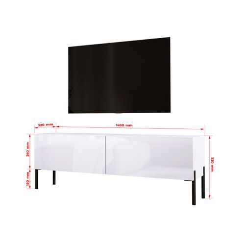 Meuble TV : Blanc Mat, Pieds Noir, 140 X 52 X 32 Cm
