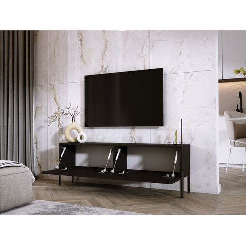 Meuble TV : Noir Mat / Noir Brillant, Pieds Noir, 140 X 52 X 32 Cm