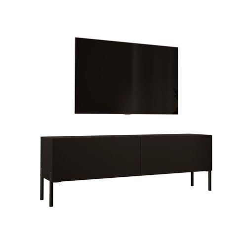 Meuble TV : Noir Mat / Noir Brillant, Pieds Noir, 140 X 52 X 32 Cm
