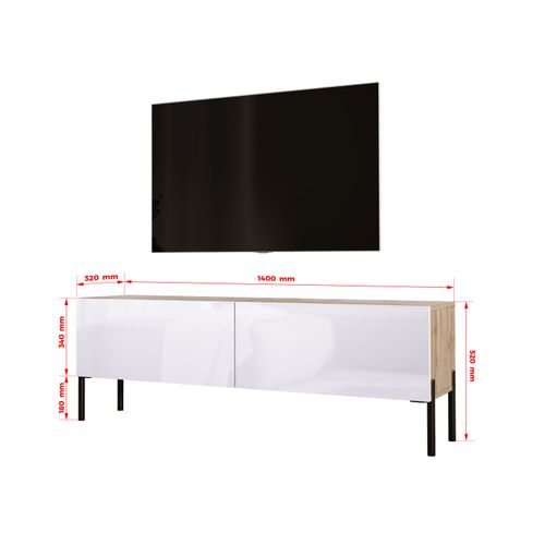 Meuble TV : Chêne Wotan / Blanc Brillant, Pieds Noir, 140 X 52 X 32 Cm