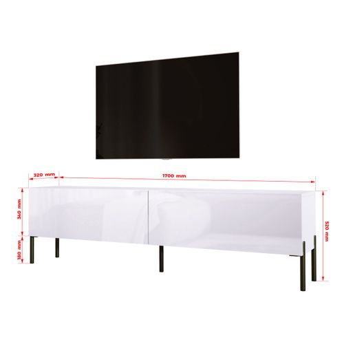 Meuble TV : Blanc Mat / Blanc Brillant, Pieds Noir, 170 X 52 X 32 Cm