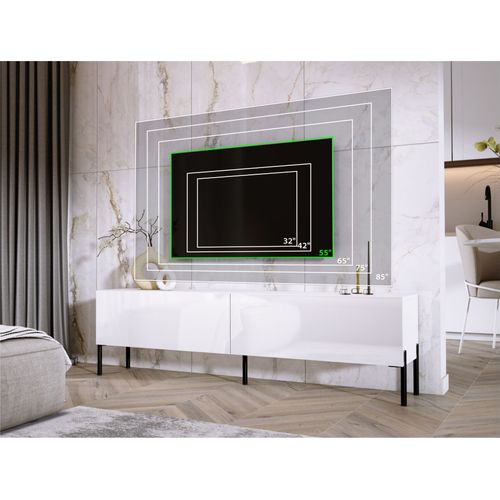 Meuble TV : Blanc Mat / Blanc Brillant, Pieds Noir, 170 X 52 X 32 Cm