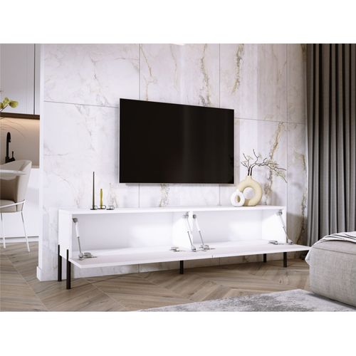 Meuble TV : Blanc Mat, Pieds Noir, 170 X 52 X 32 Cm