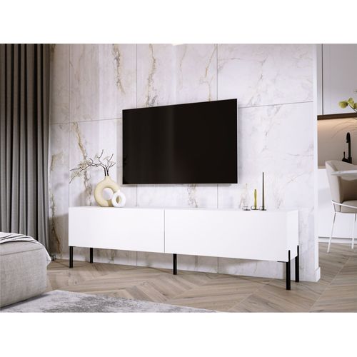 Meuble TV : Blanc Mat, Pieds Noir, 170 X 52 X 32 Cm