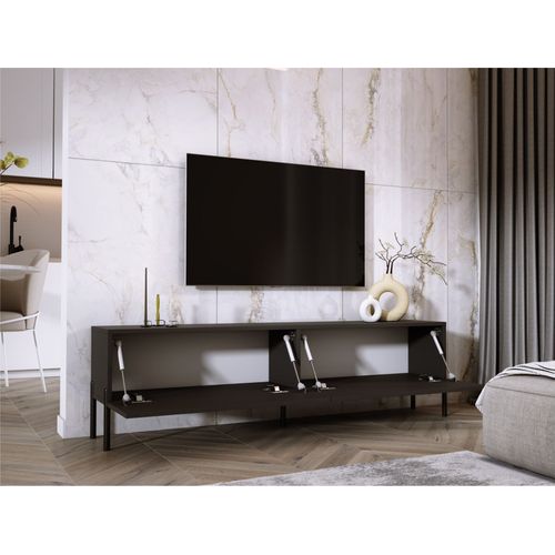 Meuble TV : Noir Mat / Noir Brillant, Pieds Noir, 170 X 52 X 32 Cm