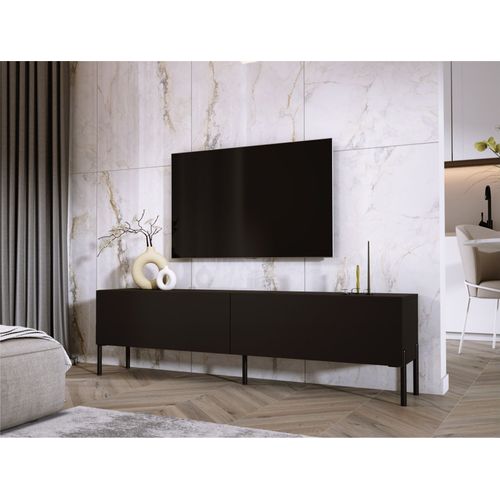 Meuble TV : Noir Mat / Noir Brillant, Pieds Noir, 170 X 52 X 32 Cm
