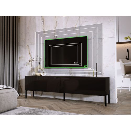 Meuble TV : Noir Mat / Noir Brillant, Pieds Noir, 170 X 52 X 32 Cm