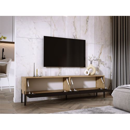 Meuble TV : Chêne Wotan / Noir Mat, Pieds Noir, 170 X 52 X 32 Cm