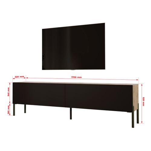 Meuble TV : Chêne Wotan / Noir Mat, Pieds Noir, 170 X 52 X 32 Cm