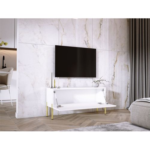 Meuble TV Blanc Mat / Blanc Brillant, Pieds Or, 100 X 52 X 32 Cm