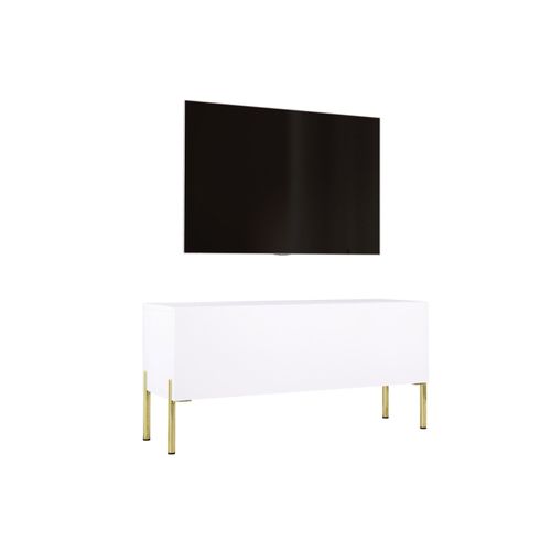 Meuble TV Blanc Mat / Blanc Brillant, Pieds Or, 100 X 52 X 32 Cm