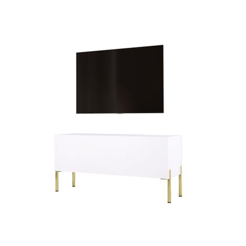 Meuble TV, Blanc Mat, Pieds Or, 100 X 52 X 32 Cm