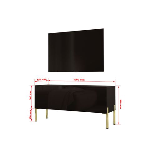 Meuble TV, Noir Mat / Noir Brillant, Pieds Or, 100 X 52 X 32 Cm