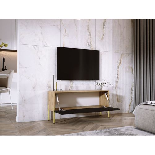 Meuble TV : Chêne Wotan / Noir Mat, Pieds Or, 100 X 52 X 32 Cm