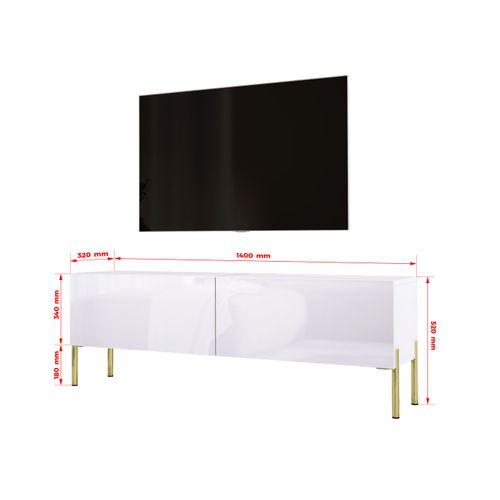 Meuble TV : Blanc Mat / Blanc Brillant, Pieds Or, 140 X 52 X 32 Cm