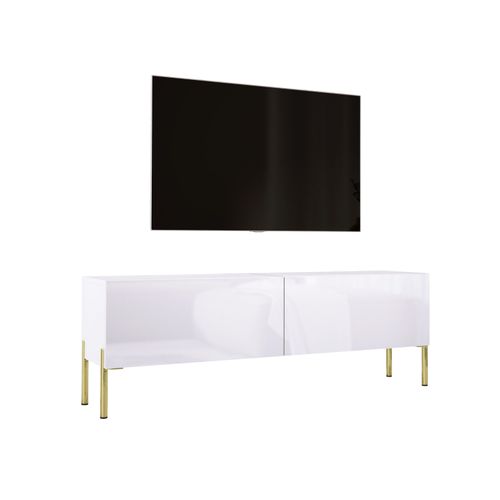 Meuble TV : Blanc Mat / Blanc Brillant, Pieds Or, 140 X 52 X 32 Cm