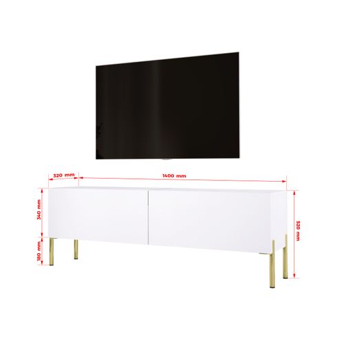 Meuble TV : Blanc Mat Avec Pieds Or, 140 X 52 X 32 Cm