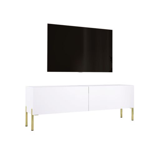 Meuble TV : Blanc Mat Avec Pieds Or, 140 X 52 X 32 Cm