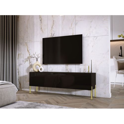 Meuble TV : Noir Mat / Noir Brillant, Pieds Or, 140 X 52 X 32 Cm
