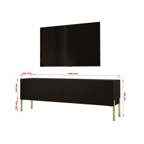 Meuble TV : Noir Mat / Noir Brillant, Pieds Or, 140 X 52 X 32 Cm