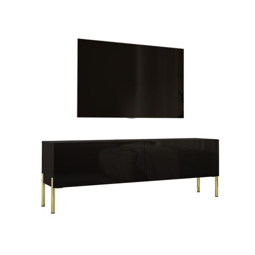 Meuble TV : Noir Mat / Noir Brillant, Pieds Or, 140 X 52 X 32 Cm