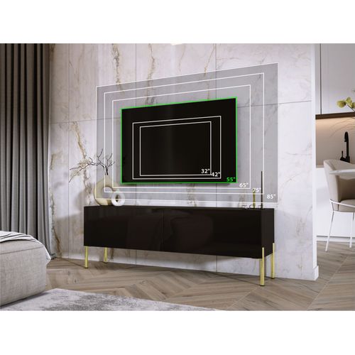 Meuble TV : Noir Mat / Noir Brillant, Pieds Or, 140 X 52 X 32 Cm