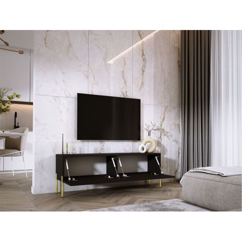 Meuble TV : Noir Mat, Pieds Or, 140 X 52 X 32 Cm