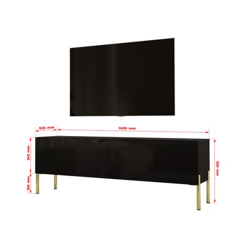 Meuble TV : Noir Mat, Pieds Or, 140 X 52 X 32 Cm
