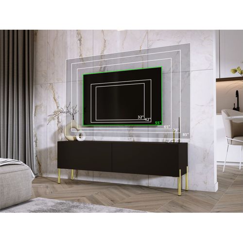 Meuble TV : Noir Mat, Pieds Or, 140 X 52 X 32 Cm