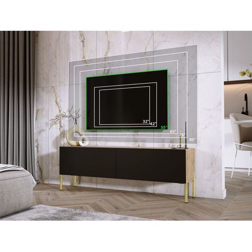 Meuble TV : Chêne Wotan / Noir Mat, Pieds Or, 140 X 52 X 32 Cm