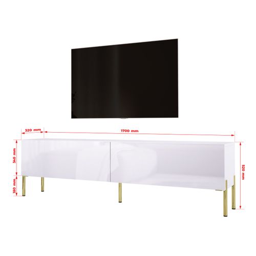 Meuble TV : Blanc Mat / Blanc Brillant, Pieds Or, 170 X 52 X 32 Cm