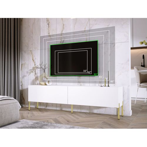 Meuble TV : Blanc Mat, Pieds Or, 170 X 52 X 32 Cm