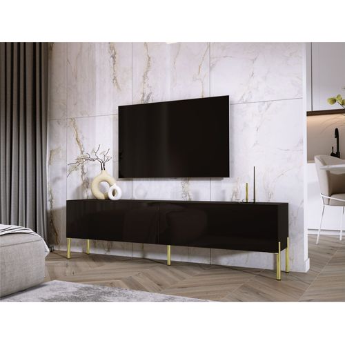 Meuble TV : Noir Mat, Pieds Or, 170 X 52 X 32 Cm