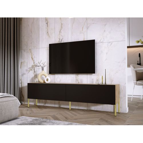 Meuble TV : Chêne Wotan / Noir Mat, Pieds Or, 170 X 52 X 32 Cm