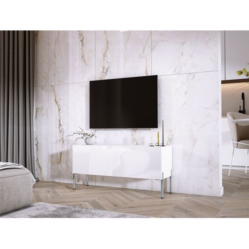 Meuble TV Blanc Mat / Blanc Brillant, Pieds Chrome, 100 X 52 X 32 Cm