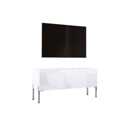 Meuble TV Blanc Mat / Blanc Brillant, Pieds Chrome, 100 X 52 X 32 Cm