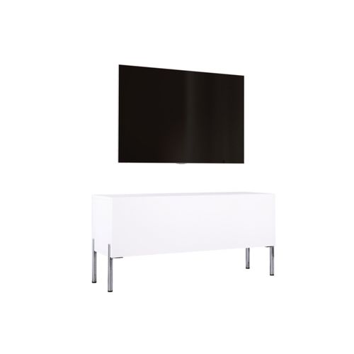 Meuble TV, Blanc Mat, Pieds Chrome, 100 X 52 X 32 Cm