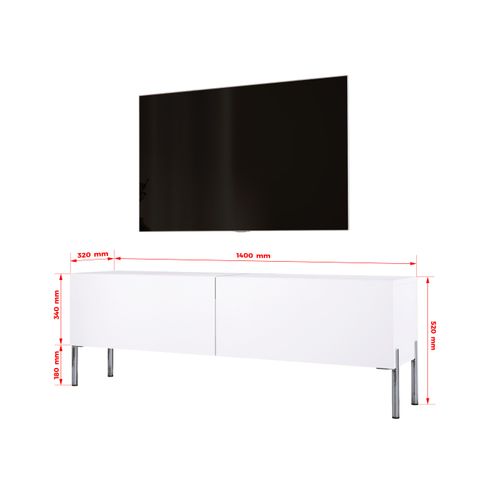 Meuble TV : Blanc Mat, Pieds Chrome, 140 X 52 X 32 Cm