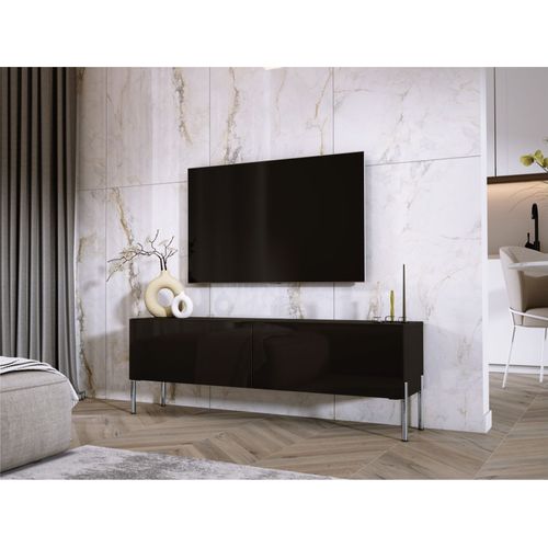 Meuble TV : Noir Mat, Pieds Chrome, 140 X 52 X 32 Cm