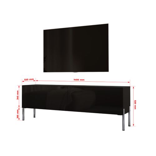 Meuble TV : Noir Mat, Pieds Chrome, 140 X 52 X 32 Cm